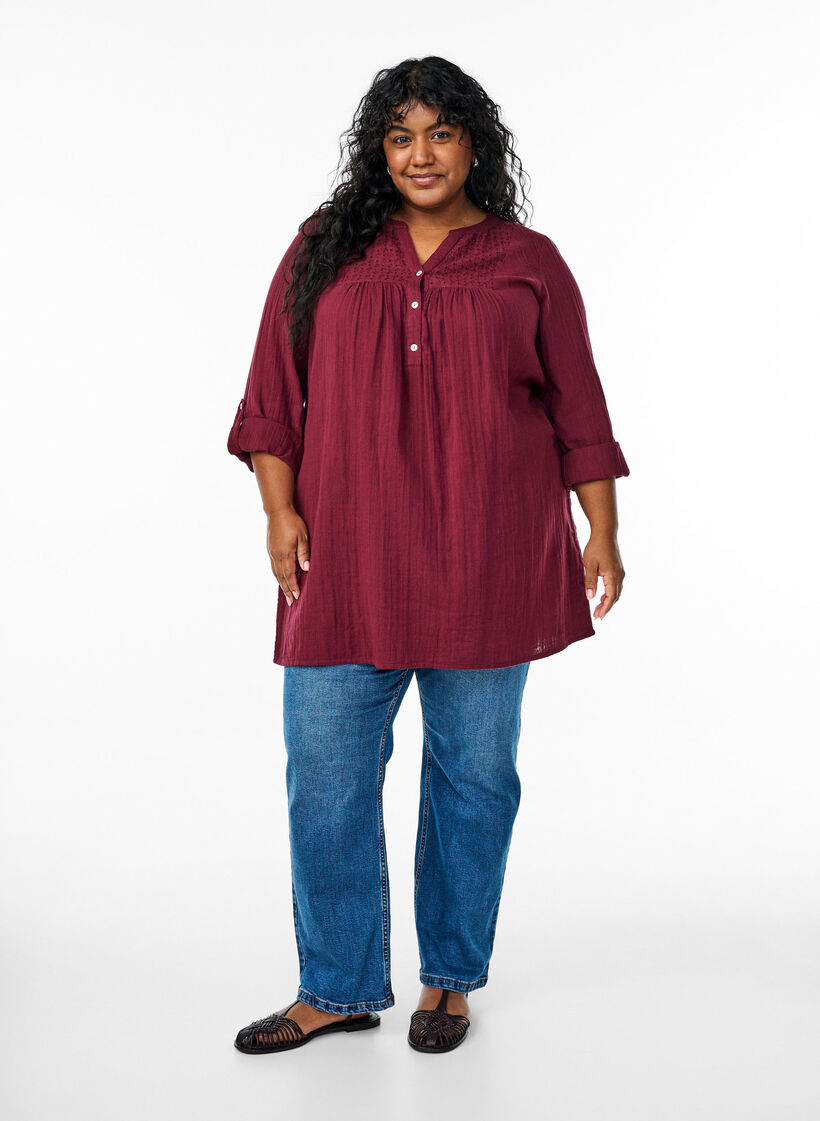 Puuvillamusliinitunika brodeeratulla pitsill&auml;, Tumma Bordeaux, Model image number 1