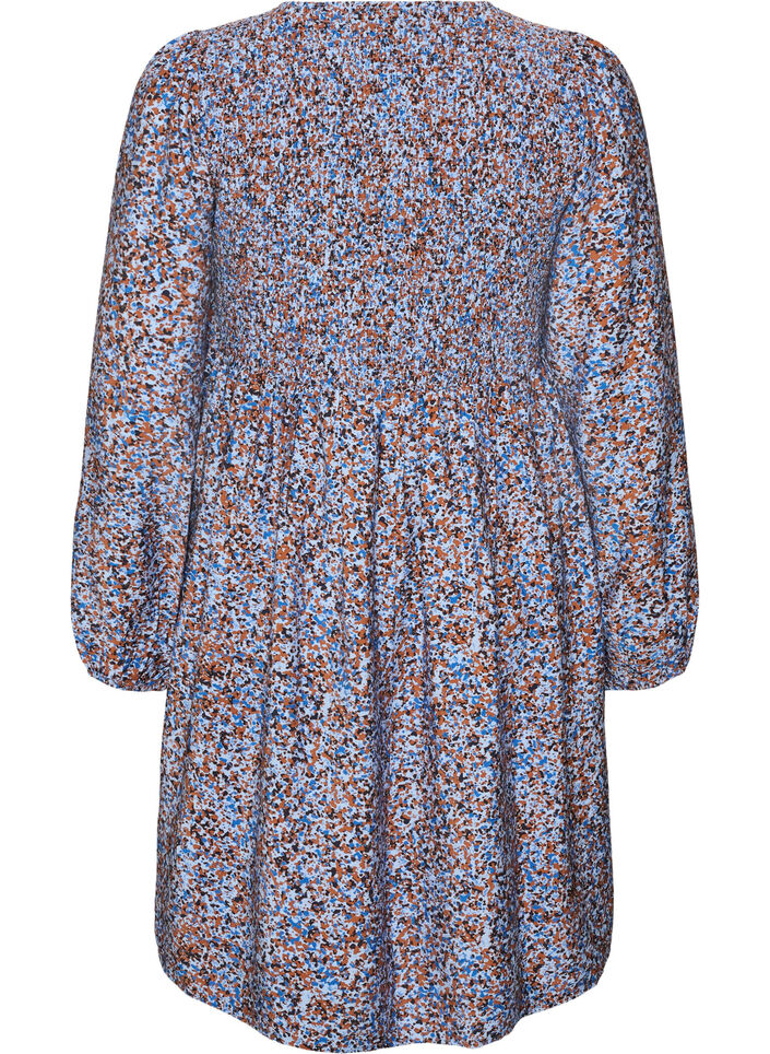 Viscose-mekko smokkirypytyksell&auml; ja kauttaaltaan kuvioitu, Sininen, Packshot image number 1