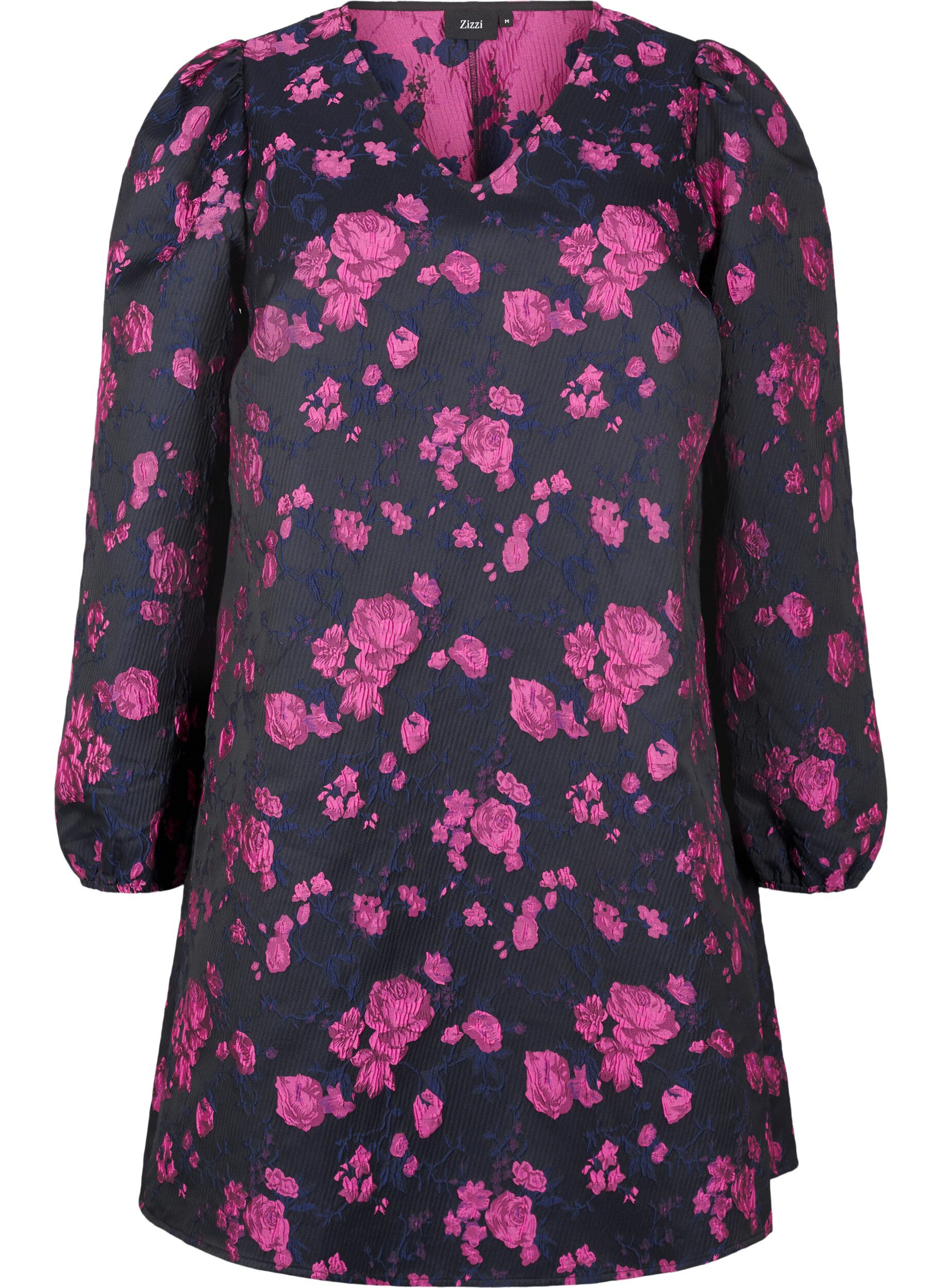 Zizzi Lyhyt jacquard-mekko pitkill&auml; hihoilla, Black w. Red Rose, Packshot image number 0