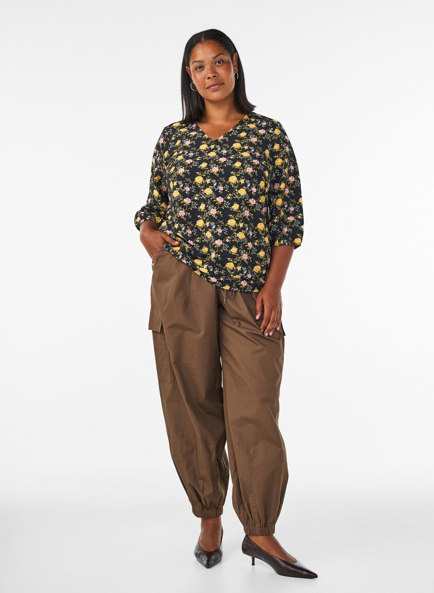 ZizziKuviollinen viskoosipusero 3/4-hihoilla, Musta, Model image number 1