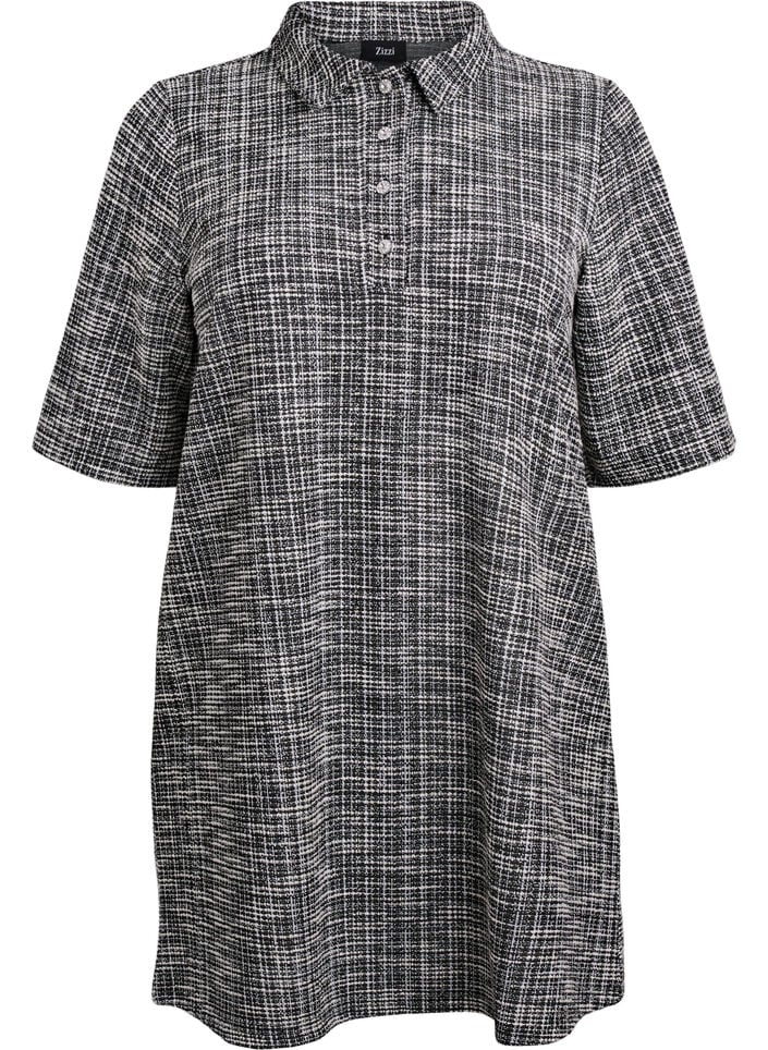 Lyhyt mekko teksturoidusta jersey-kankaasta graafisella ruutukuviolla, Vanilja, Packshot image number 0