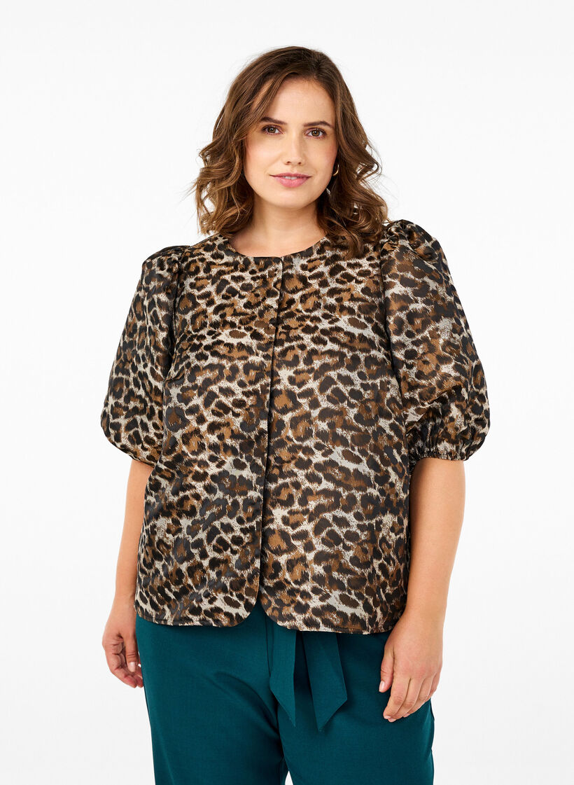 Jacquard Leo -takki puff-hihoilla, Brown Leo AOP, Model image number 0
