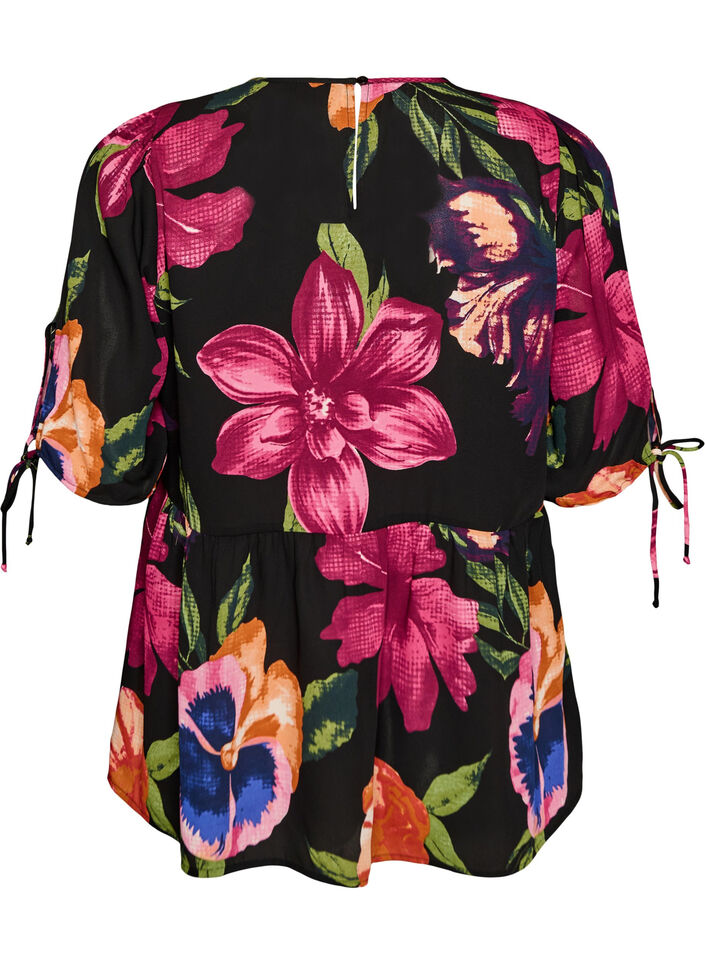 Kukkakuvioitu pusero ja peplum-malli, Musta, Packshot image number 1