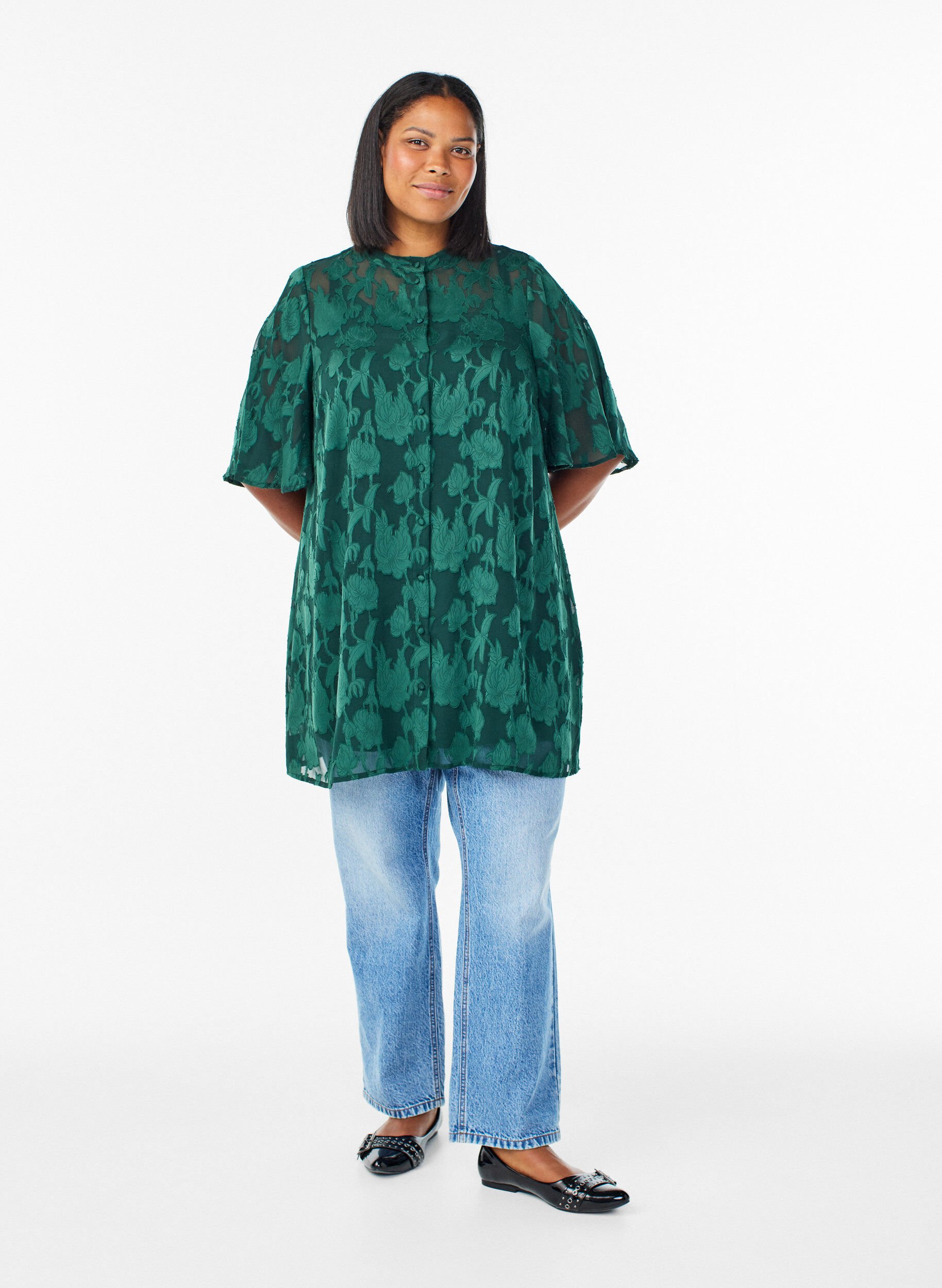 Zizzi Lyhyt A-linjainen mekko kukkakuviolla, Vihre&auml;, Model image number 1