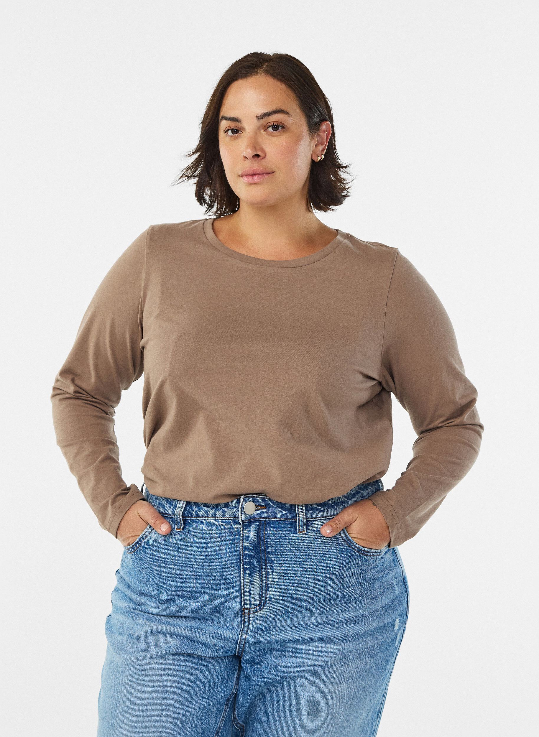 ZizziPerus jersey-paita, jossa pitk&auml;t hihat, Ruskea, Model image number 0