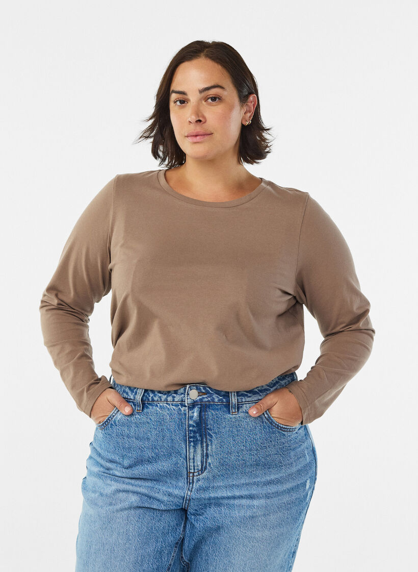 Perus jersey-paita, jossa pitk&auml;t hihat, Ruskea, Model image number 0