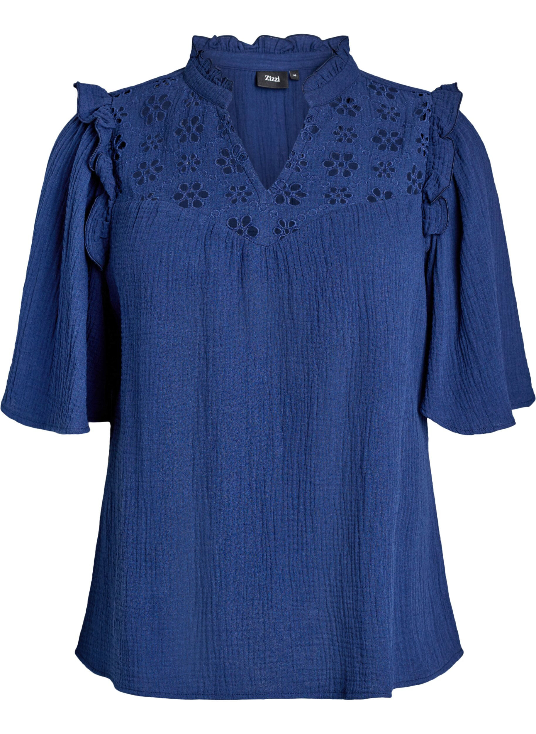 Puuvillamusliinipusero broderie anglaise -kirjonnalla ja 1/2-hihoilla