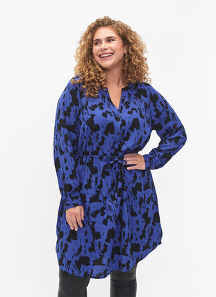 Kuvioitu mekko, jossa on kiristysnauha vyötäröllä, Black Blue AOP, Model image number 0