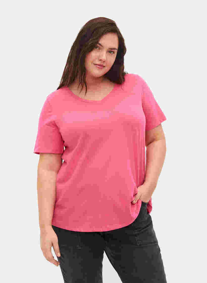 Yksivärinen perus t-paita puuvillasta, Hot Pink, Model image number 0
