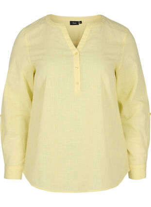 Puuvillainen paitapusero v-aukolla, Yellow, Packshot image number 0