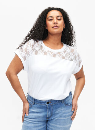 Lyhythihainen pitsikoristeltu t-paita puuvillaa, Bright White, Model image number 0