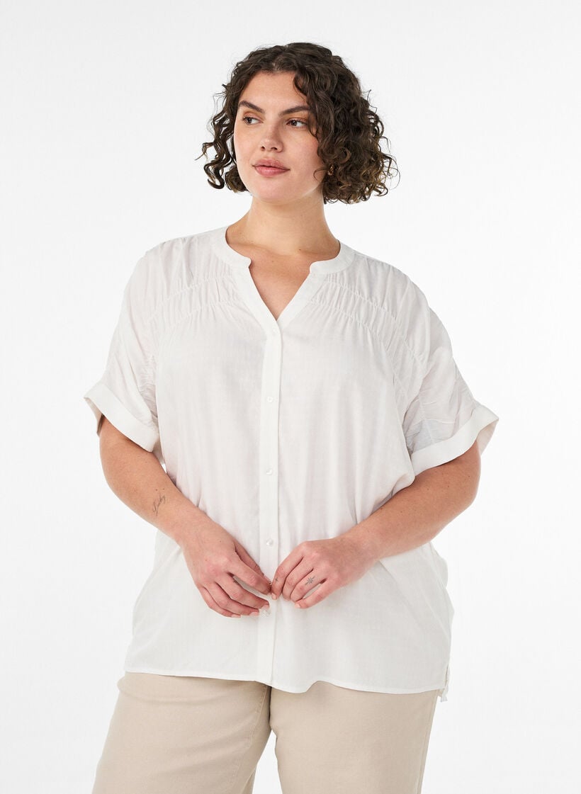 Viskoosipaita lyhyill&auml; hihoilla ja rypytysdetaljilla, Vanilja, Model image number 0