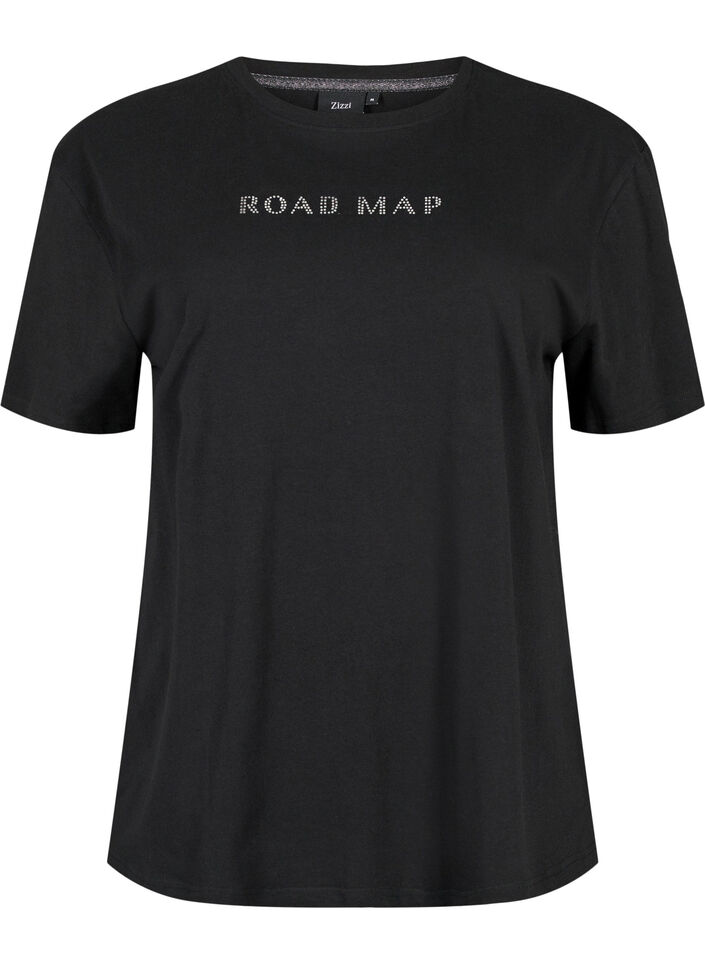 Luomupuuvillasta valmistettu t-paita, jossa on koristeellisia kiviä, Black, Packshot image number 0