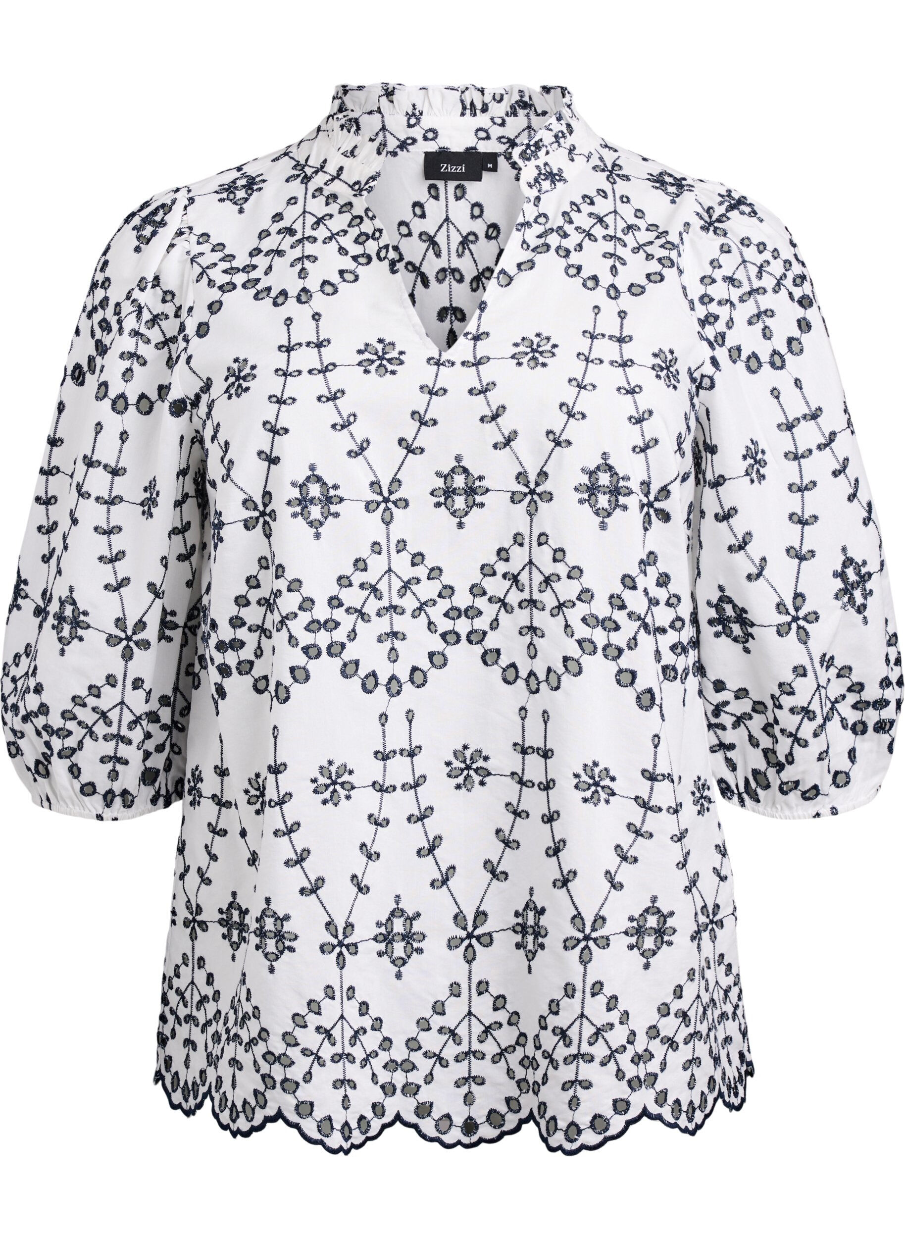 Zizzi 3/4-hihainen pusero kontrastiv&auml;risell&auml; broderie anglaise -kirjailulla, Valkoinen, Packshot image number 0