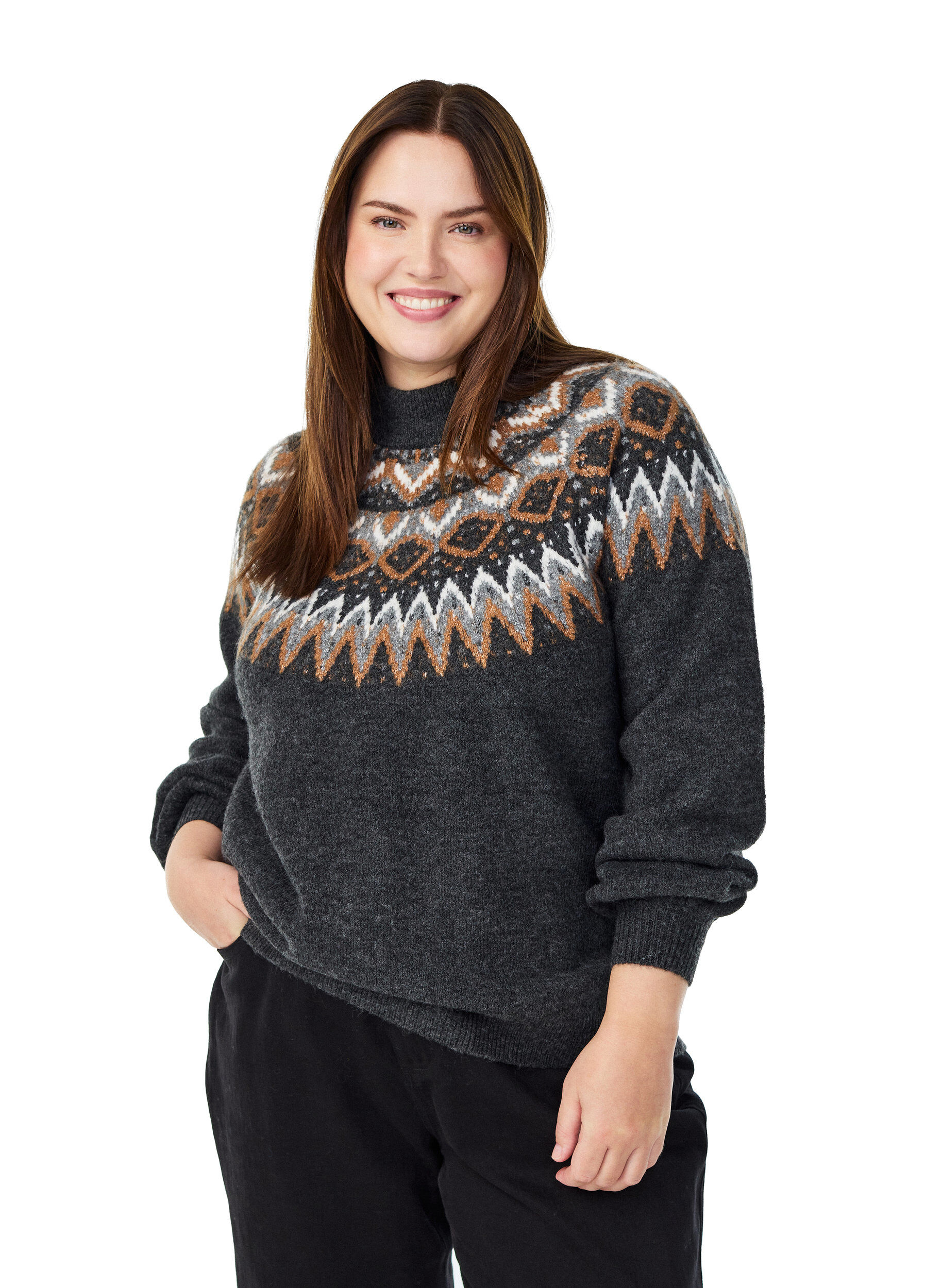 Kuviollinen neulepusero korkealla kauluksella, Harmaa, Model