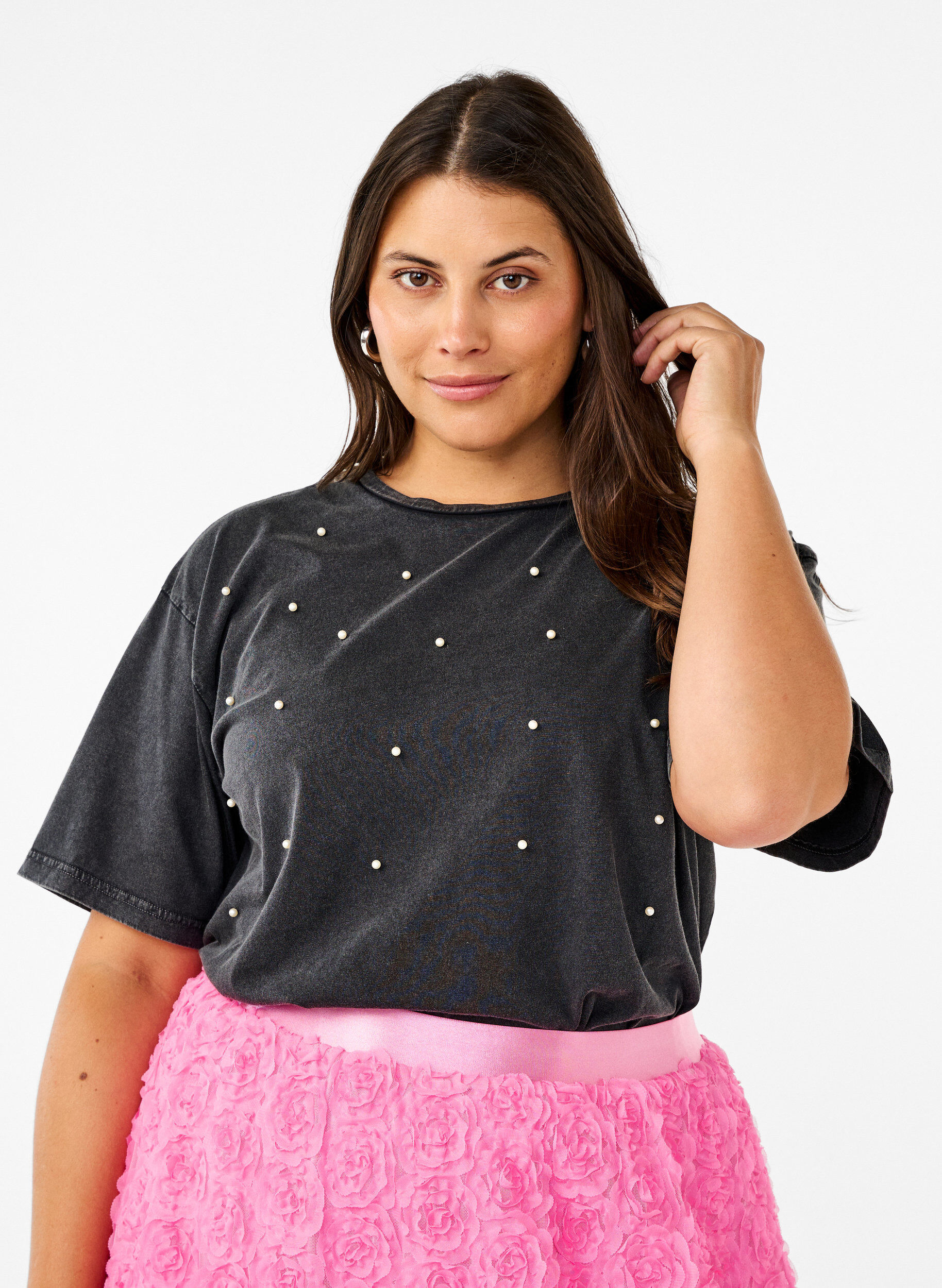 Zizzi T-paita helmill&auml;, Grey washed, Model image number 0