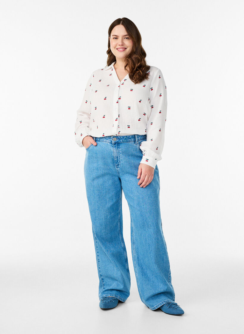 Pitk&auml;hihainen puuvillamusliinipusero kirjailtuine kuvioineen, Vanilja, Model image number 1