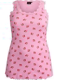 Toppi, jossa on painatus ja pitsireunus, Vaaleanpunainen