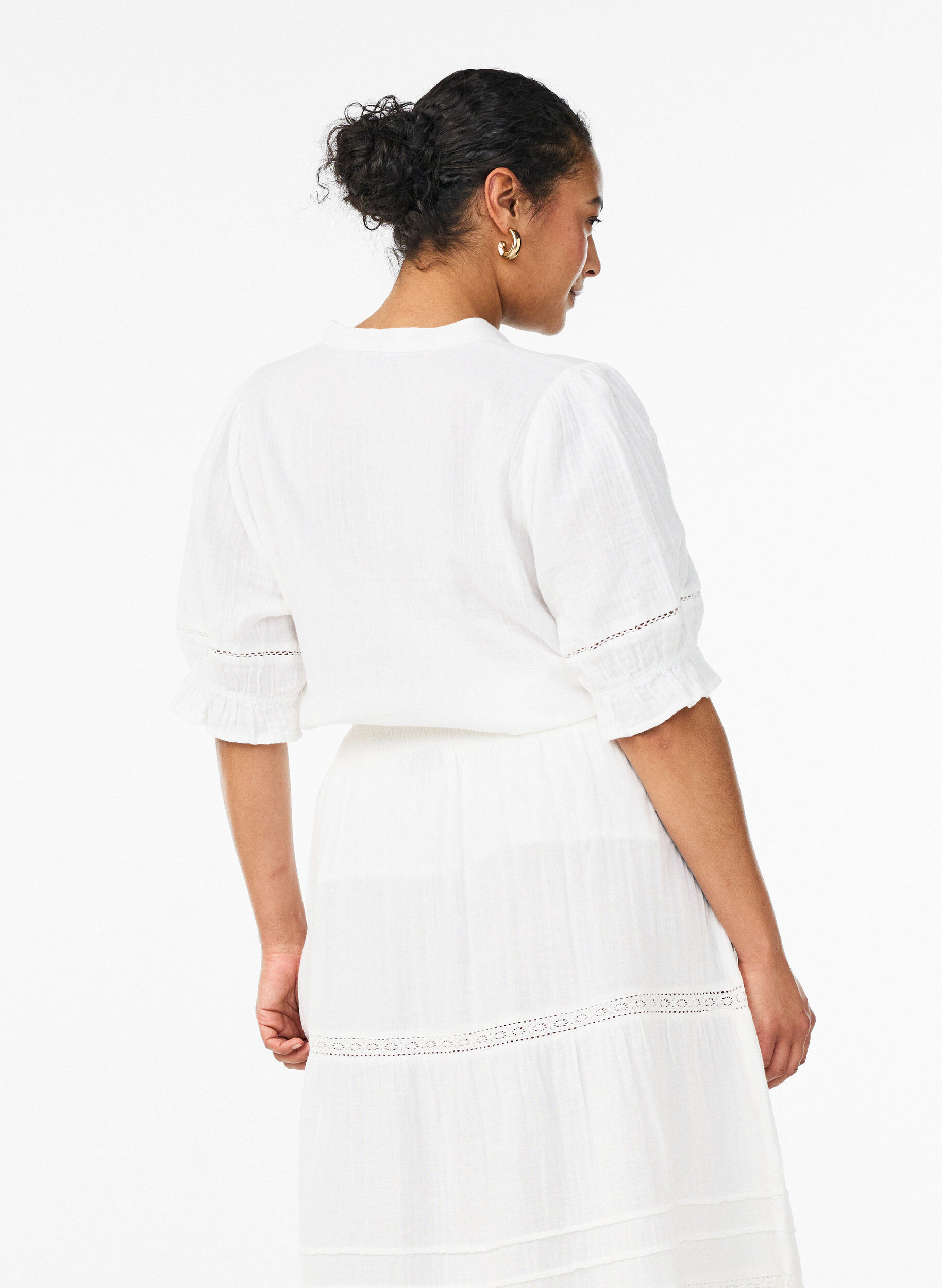 ZizziLyhythihainen puuvillamusliinipusero virkkausreunalla, Valkoinen, Model image number 1