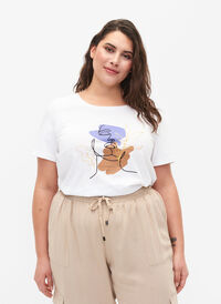 Puuvillainen t-paita pyöreällä pääntiellä ja painatuksella, Bright White FACE, Model