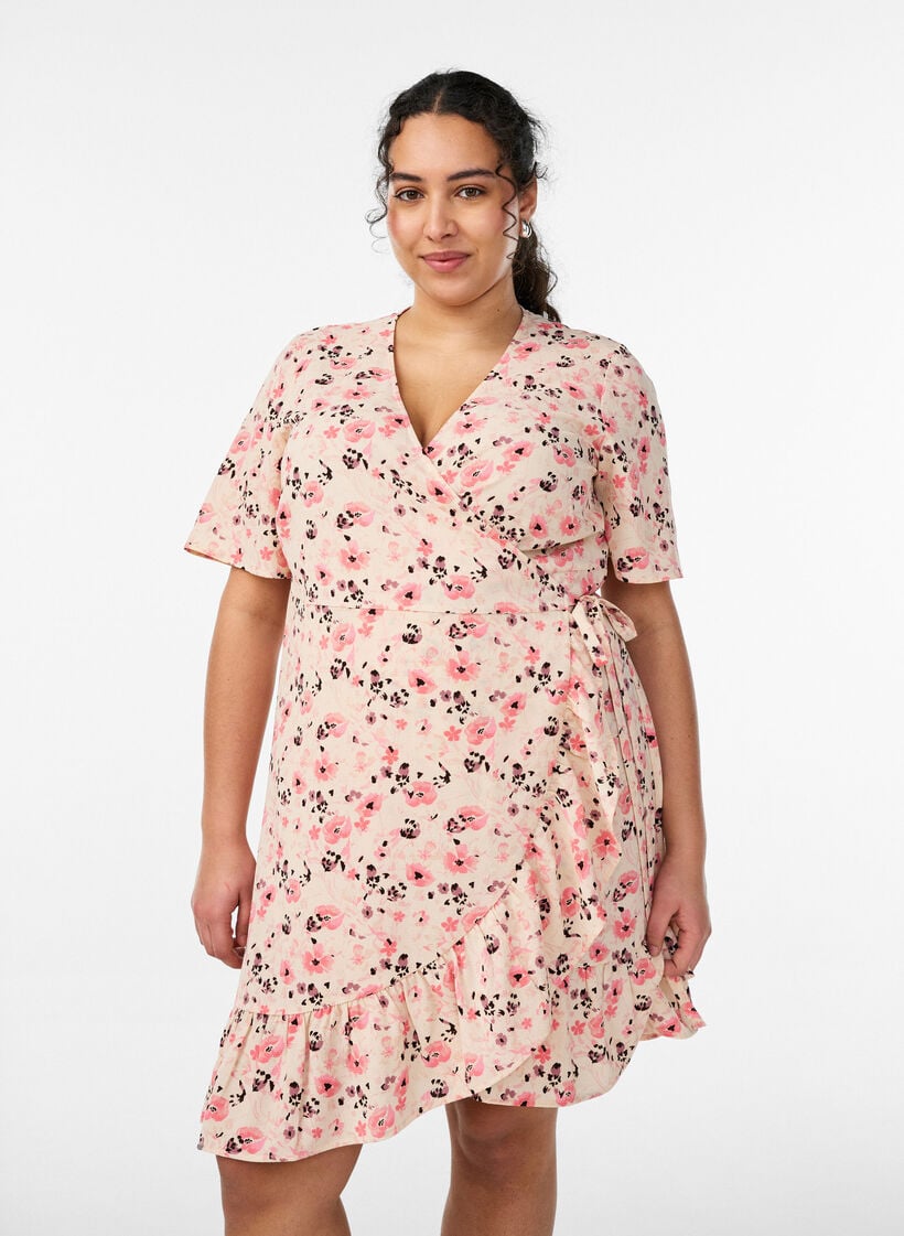 Kukallinen kietaisumekko lyhyill&auml; hihoilla, Punainen, Model image number 0