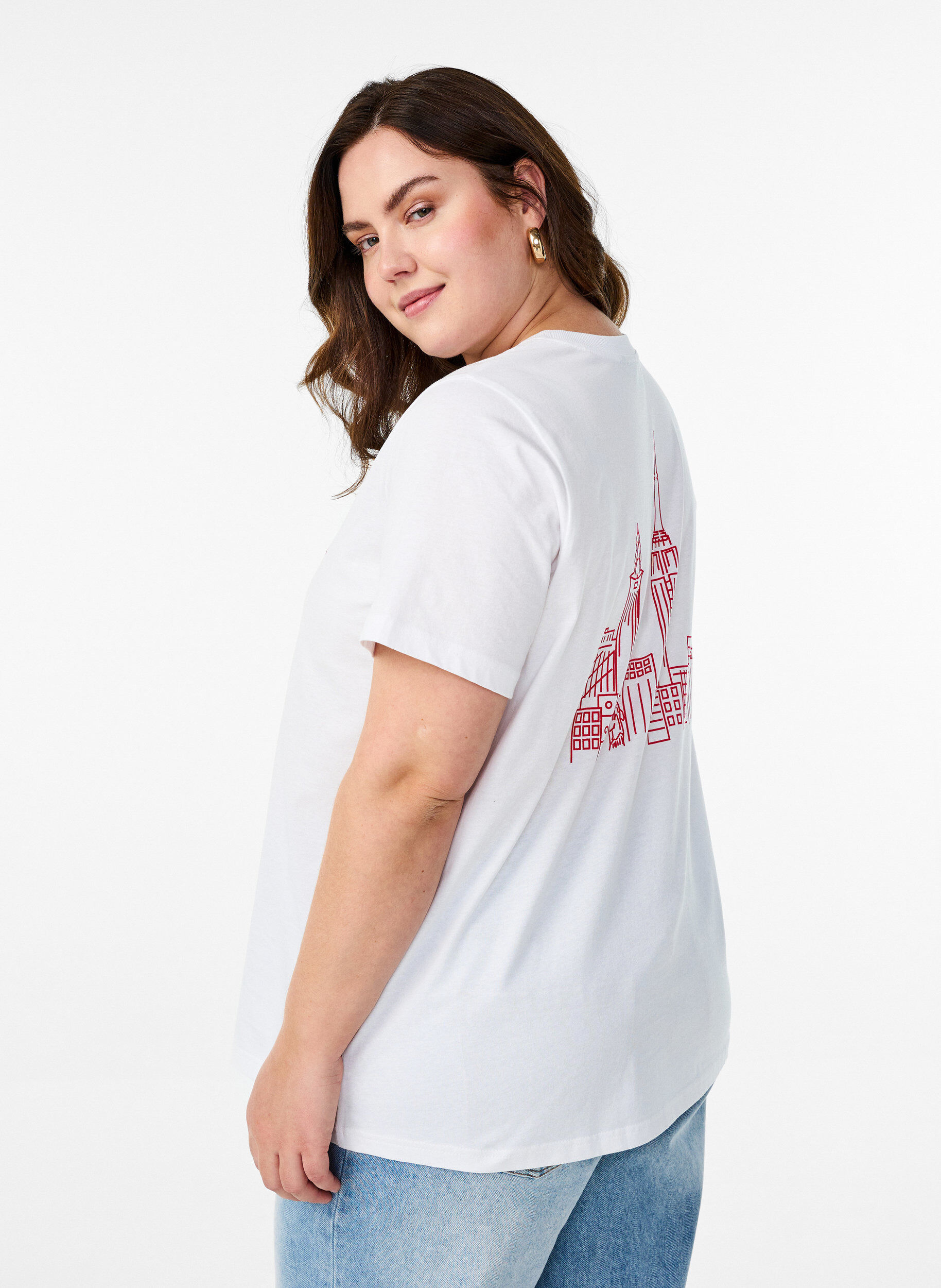 ZizziT-paita tekstiprintill&auml; ja py&ouml;re&auml;ll&auml; p&auml;&auml;ntiell&auml;, Valkoinen, Model image number 2
