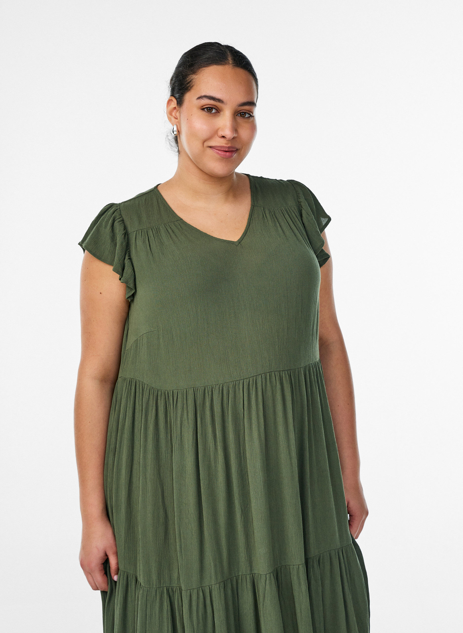 ZizziMidimekko viskoosista r&ouml;yhel&ouml;hihoilla, Vihre&auml;, Model image number 3