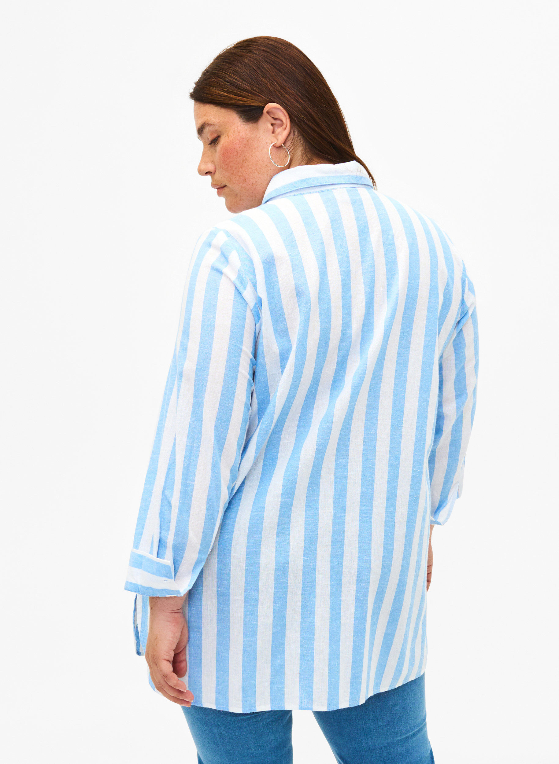 Zizzi Pitk&auml; paita pellavasta ja puuvillasta, Blue White Stripe, Model image number 1