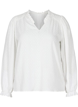 Pitkähihainen pusero smokkirypytyksellä ja röyhelöllä, Bright White, Packshot image number 0