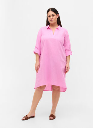 Puuvillasta ja pellavasta valmistettu raidallinen mekko, Begonia Pink, Model image number 2