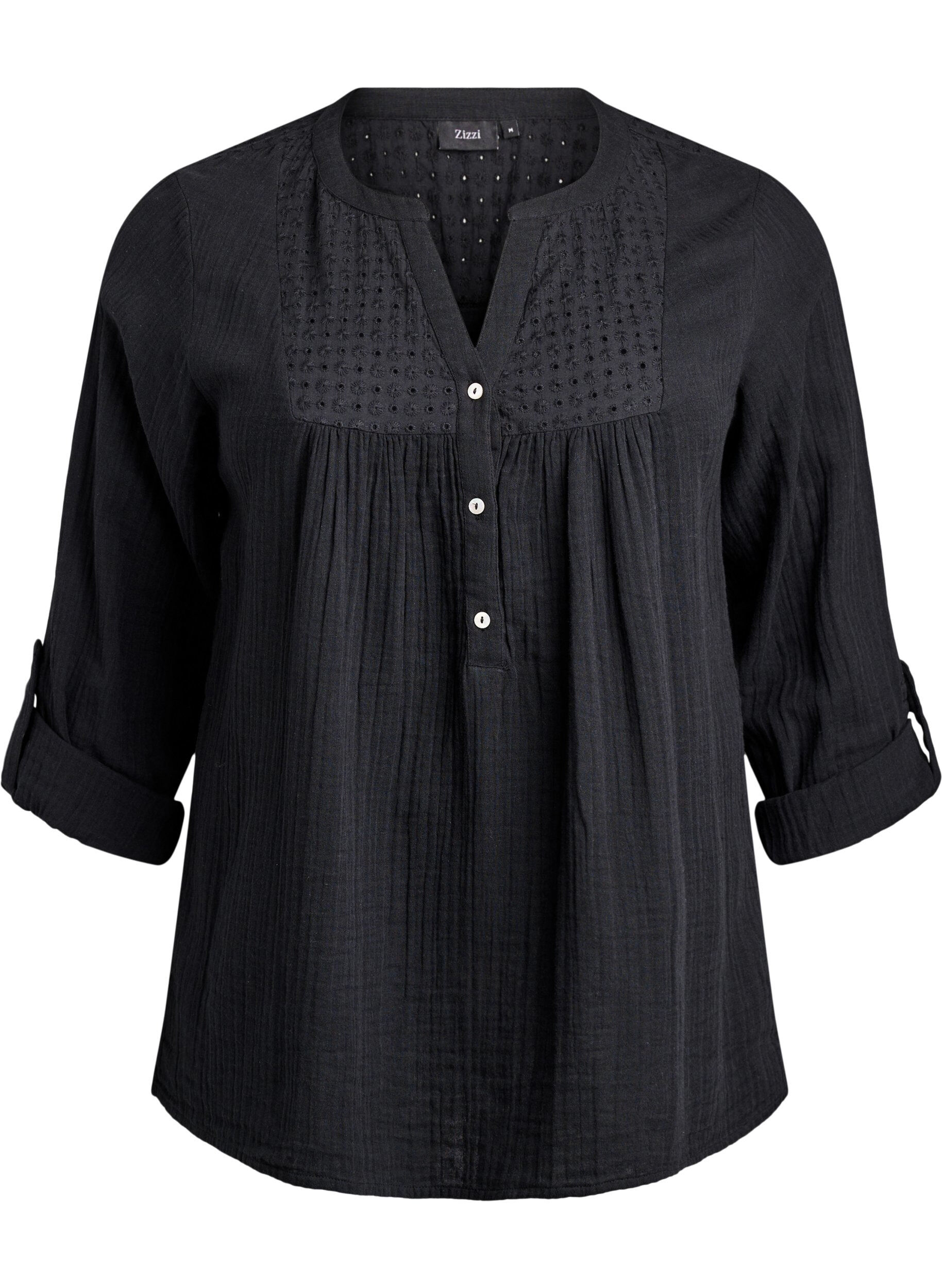 Paita puuvillamusliinissa, jossa broderie anglaise -kirjailu