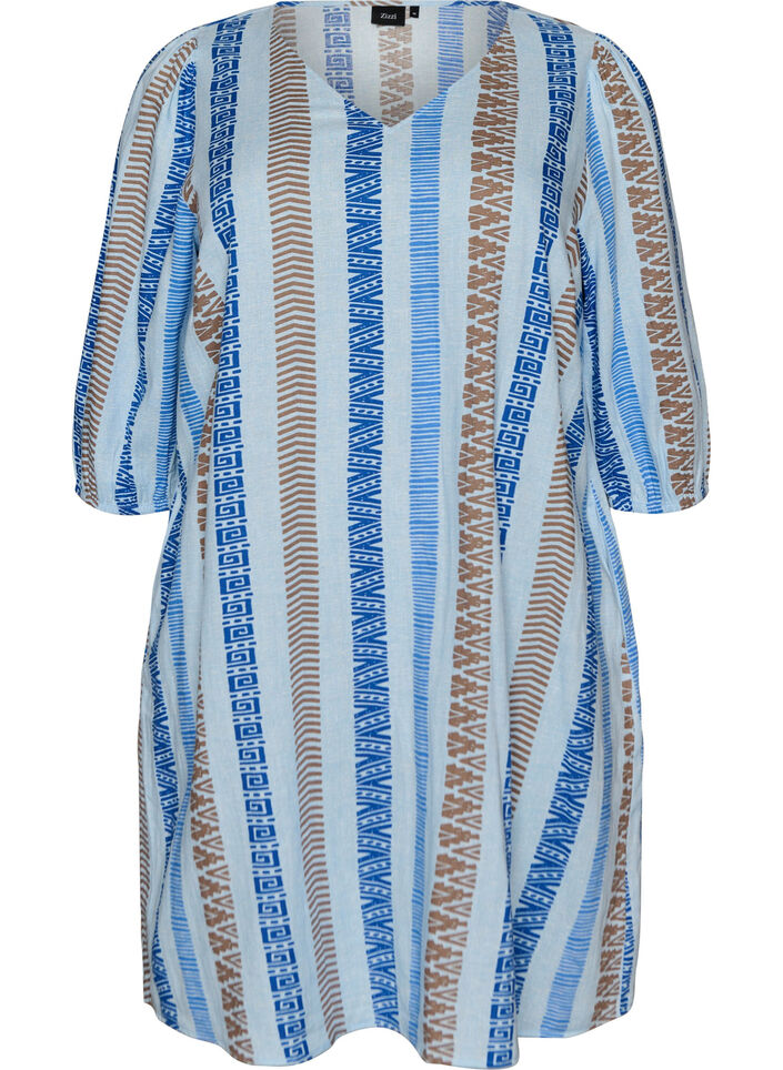 Lyhyt mekko pellavasta ja viskoosista, 3/4-hihoilla, Sininen, Packshot image number 0