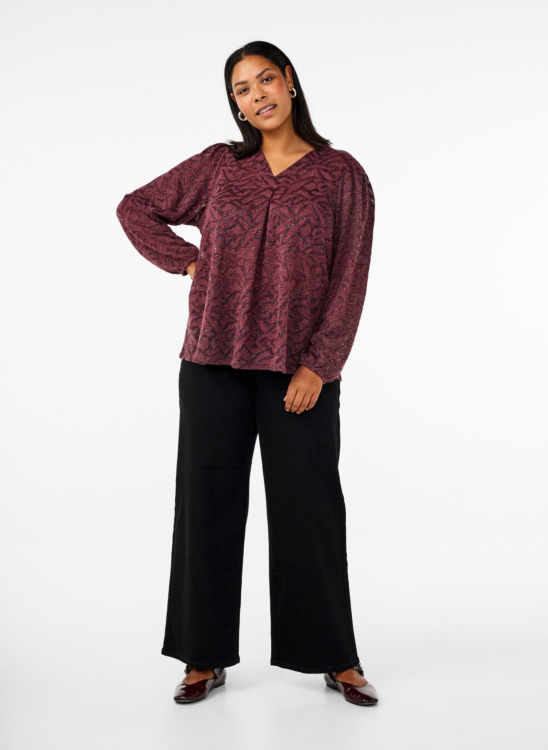 Zizzi Pitk&auml;hihainen pusero glitterill&auml; ja kuviolla, Punainen, Model image number 1