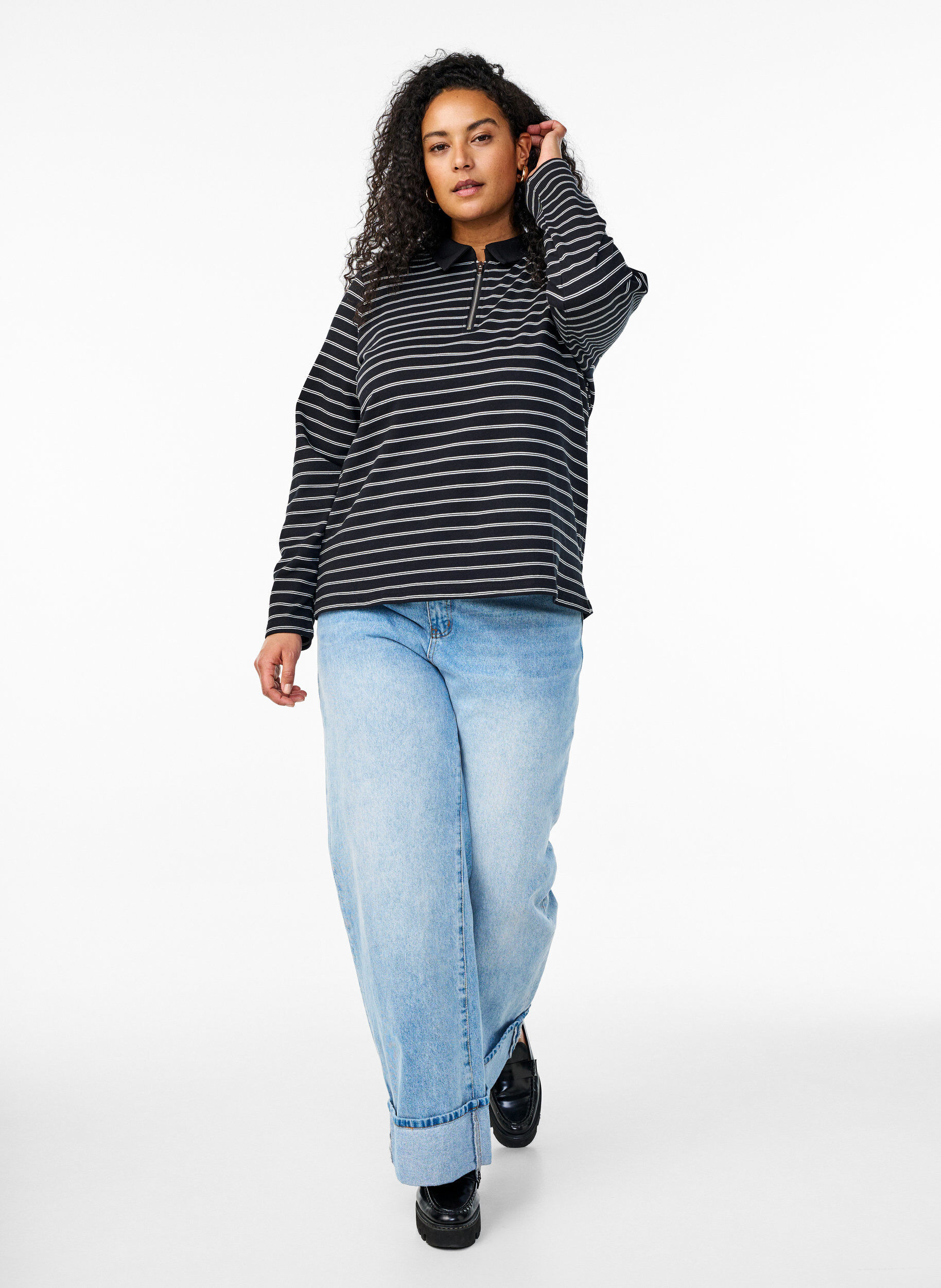 Zizzi Raidallinen pikeepaita vetoketjulla, Musta, Model image number 1