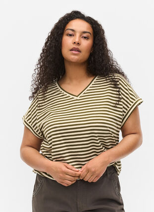 Puuvillainen t-paita raidoilla, Ivy Green Y/D, Model image number 0