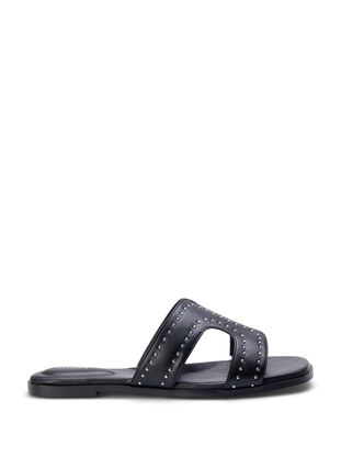 Matalat leveälestiset slip-on sandaalit niiteillä, Black, Packshot image number 0
