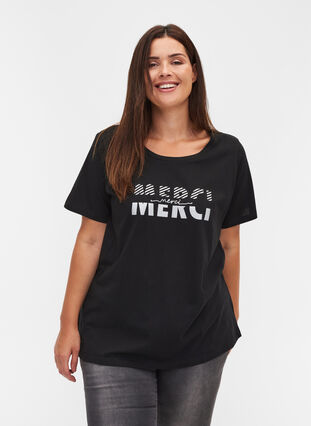 Ekologisesta puuvillasta valmistettu t-paita painatuksella, Black Merci, Model image number 0