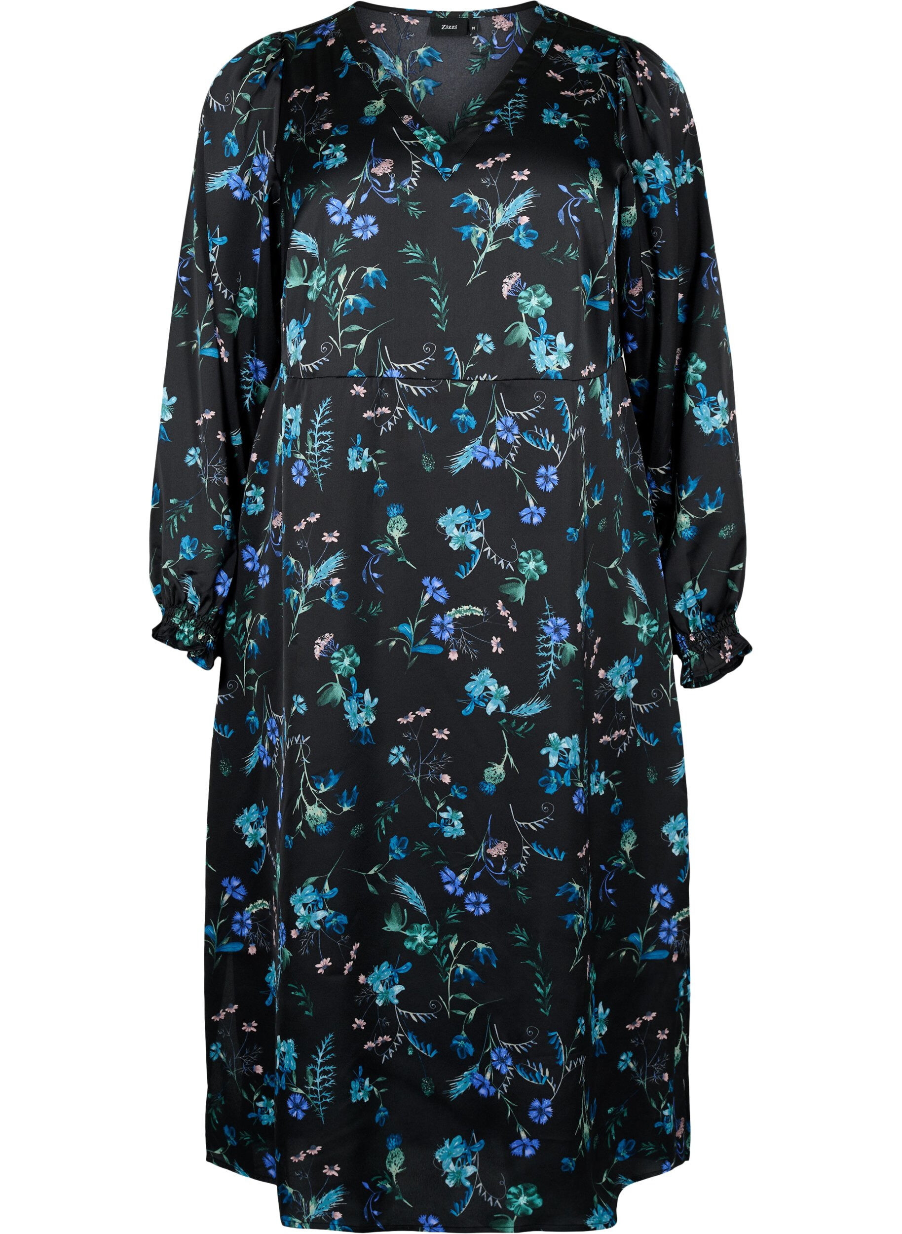 ZizziPitk&auml;hihainen midi-mekko kukkakuvioinnilla, Blue Flower AOP, Packshot image number 0