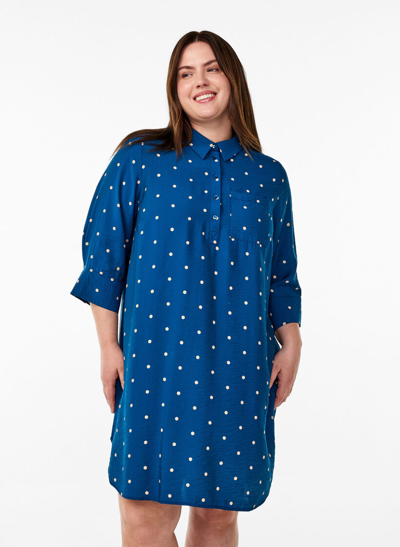 Lyhyt mekko kauluksella ja rintataskulla, Sininen, Model image number 0
