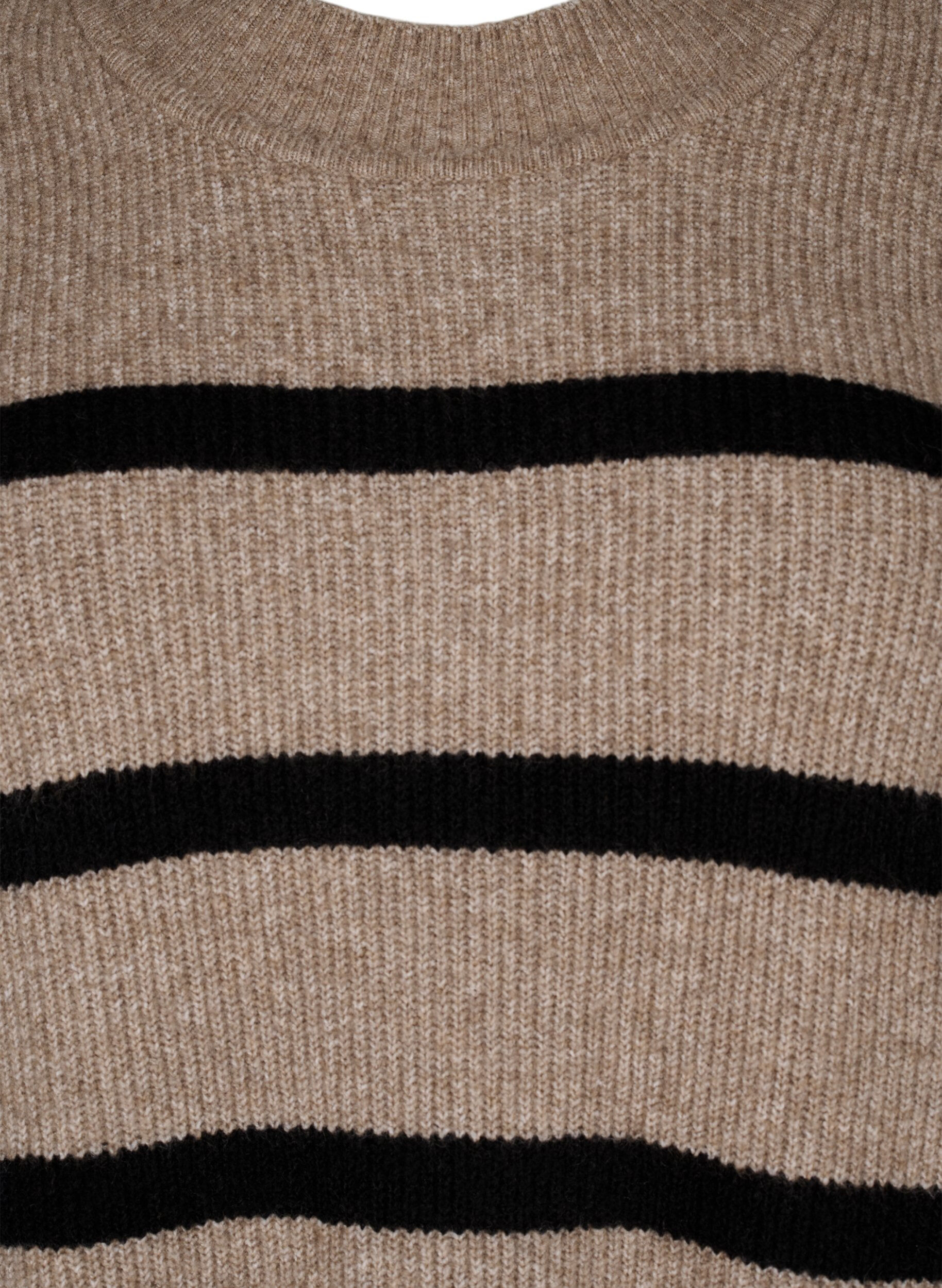 Zizzi Pitk&auml;hihainen raidallinen neulemekko, Desert Taupe Comb, Packshot image number 2