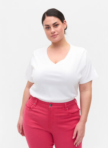 Puuvillainen t-paita ribbauksella, Bright White, Model image number 0