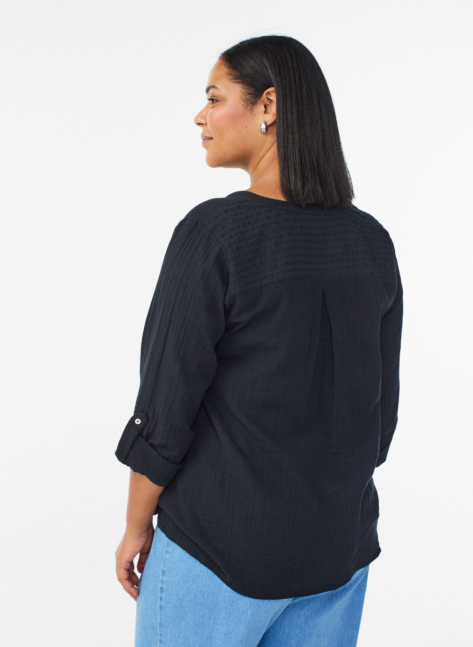 ZizziPaita puuvillamusliinissa, jossa broderie anglaise -kirjailu, Musta, Model image number 2