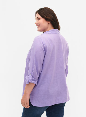 Puuvilla-pellavasekoitteinen paitapusero, jossa on napitus, Lavender, Model image number 1