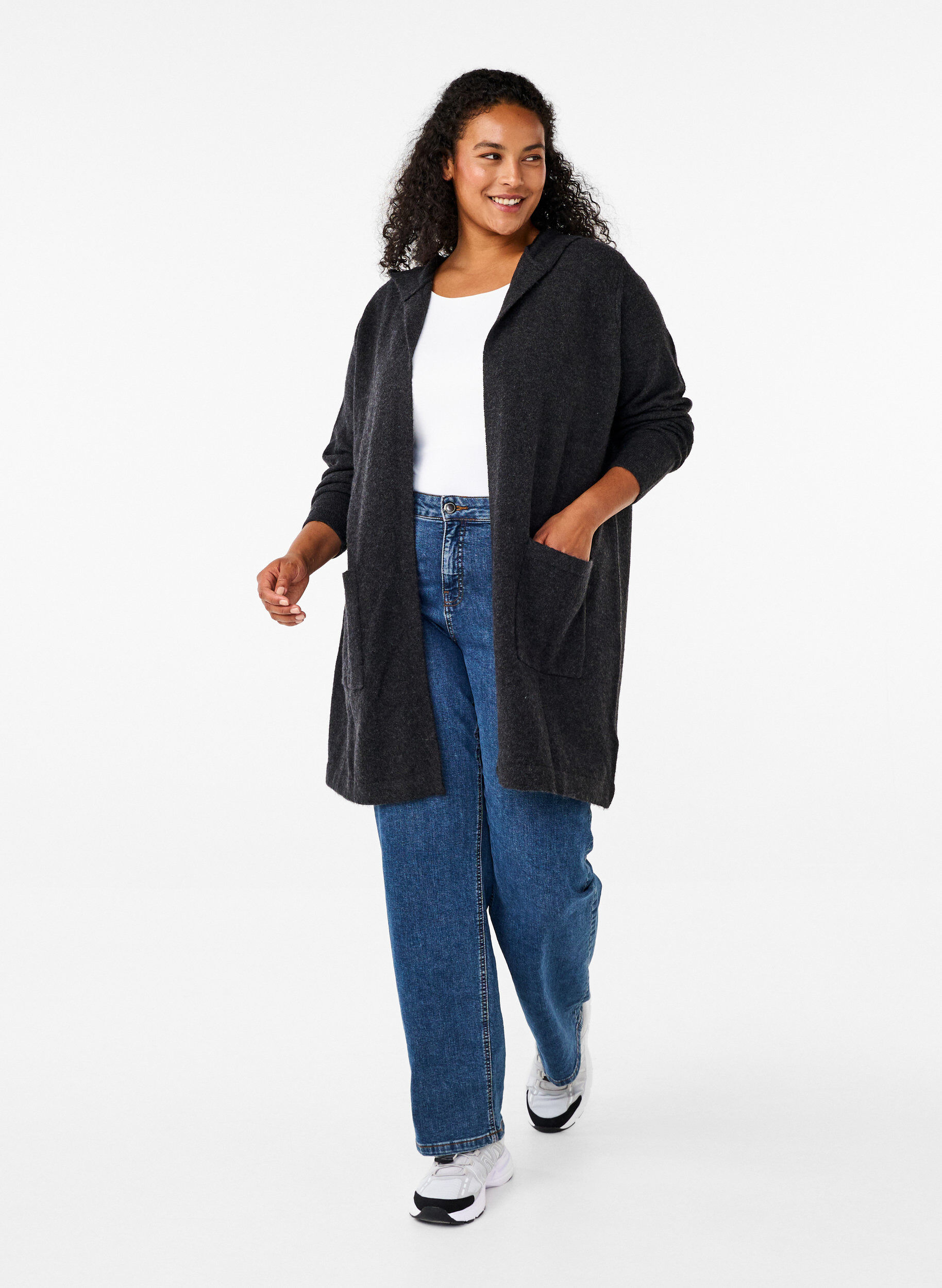 Zizzi Pitk&auml; neule, jossa villaa ja huppu, Dark Grey Melange, Model image number 2