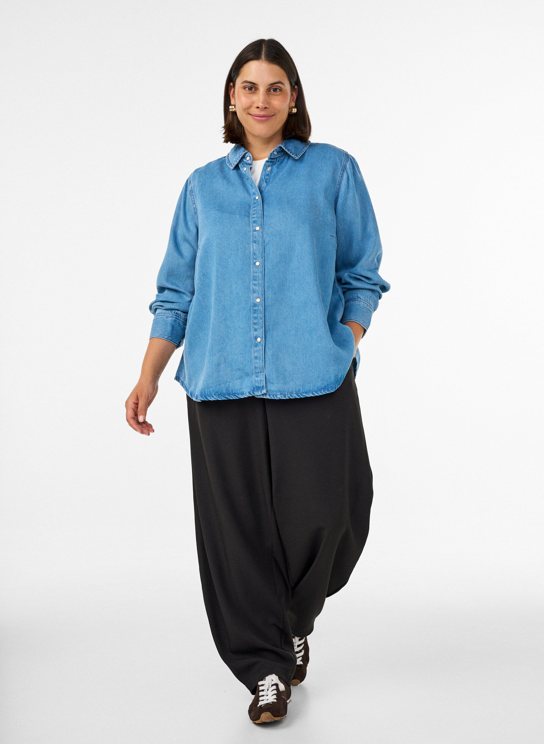 ZizziDenim-paita lyocellissa painonapeilla, Sininen, Model image number 1