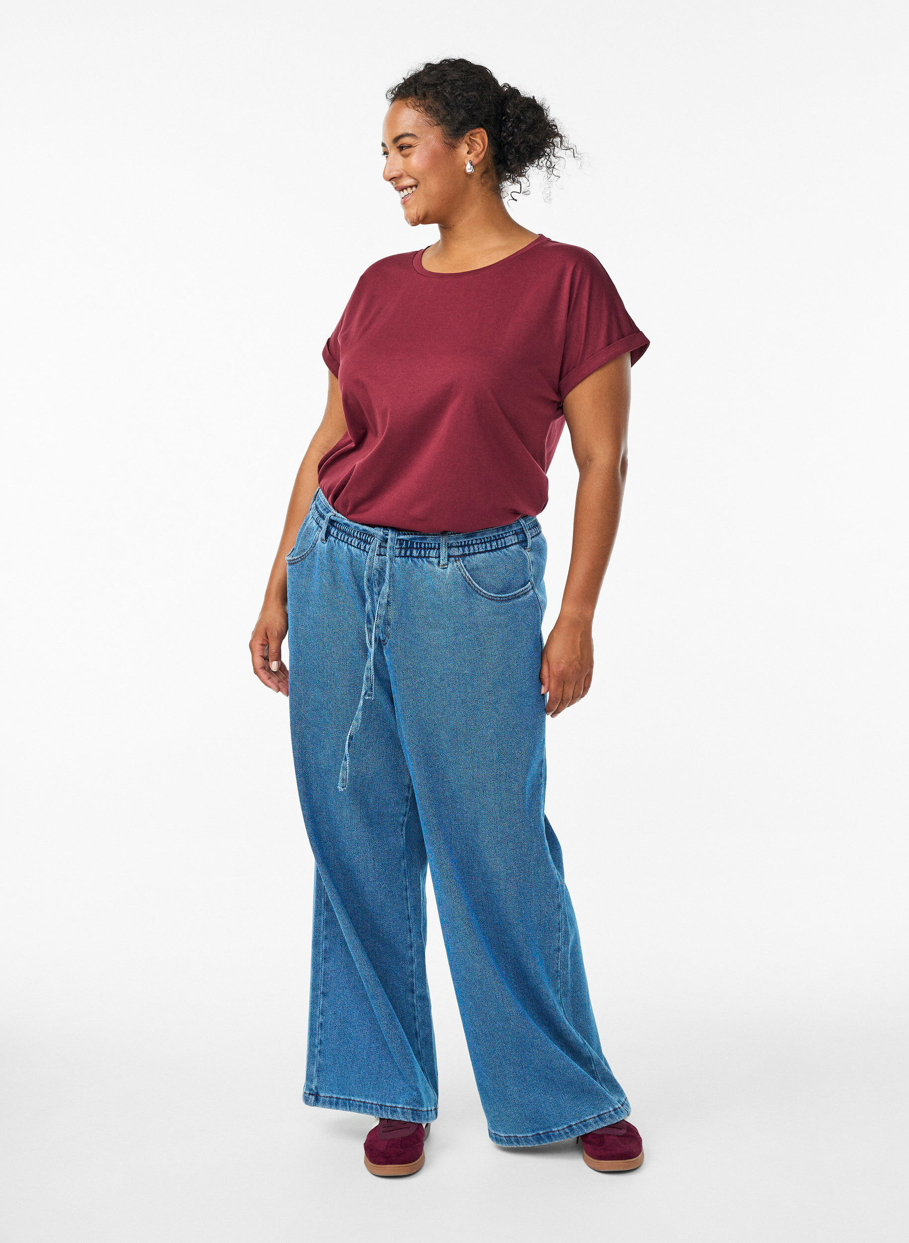 Zizzi Lyhythihainen puuvillasekoitteinen T-paita, Tumma Bordeaux, Model image number 1