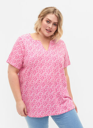 Kukallinen t-paita puuvillaa v-pääntiellä, Shocking Pink AOP, Model image number 0