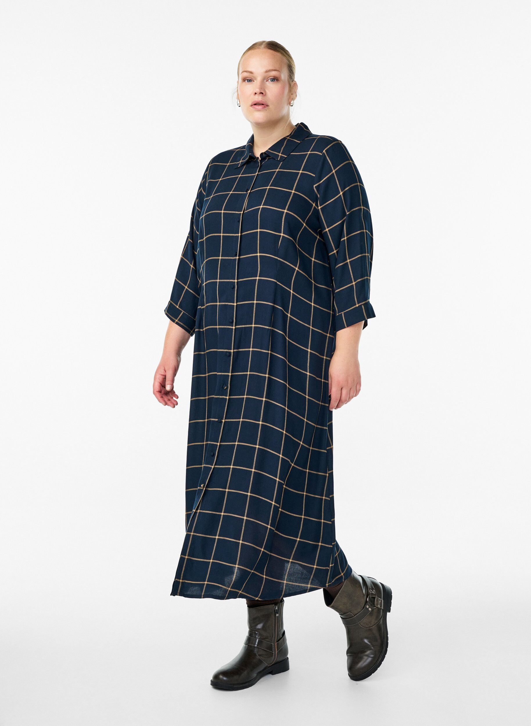 Pitk&auml; ruudullinen paitamekko, Sininen, Model