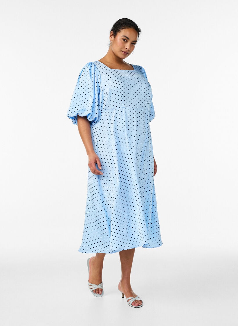 Midi-mekko pilkkukuosilla ja neli&ouml;p&auml;&auml;ntiell&auml;, Sininen, Model image number 0
