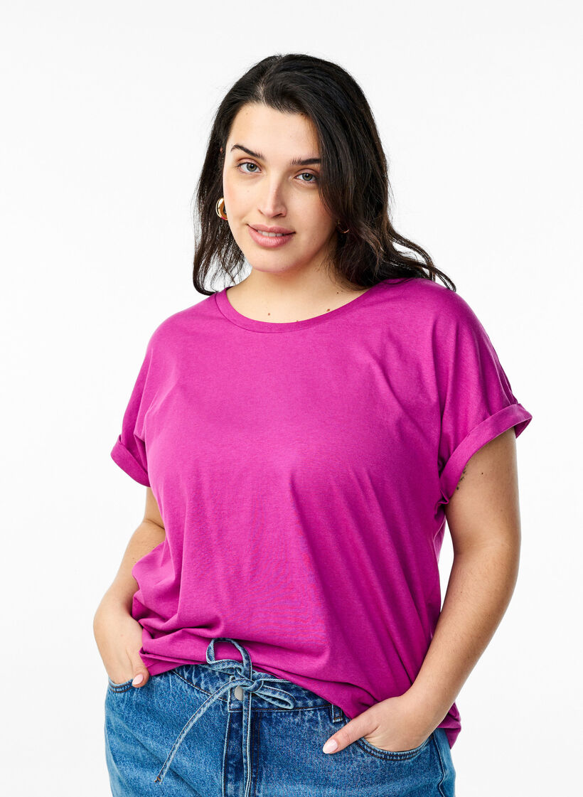 Lyhythihainen puuvillasekoitteinen T-paita, Violetti, Model image number 0